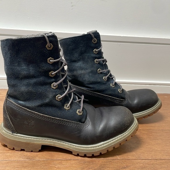 Timberland Waterproof Warm gray Teddy fleece Lined Boots navy blue leather sz 7 - Picture 3 of 10